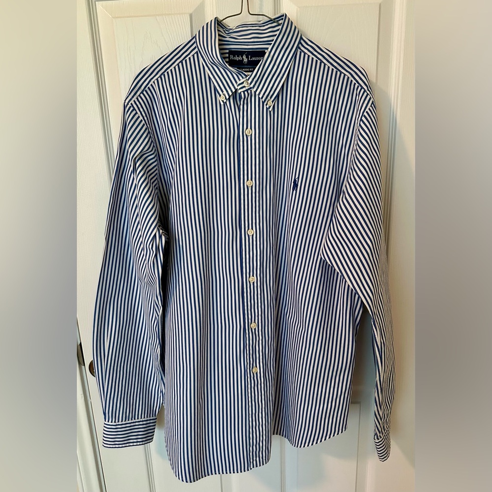 RALPH LAUREN Navy and White Striped Button Down men’s Shirt Size 16.5